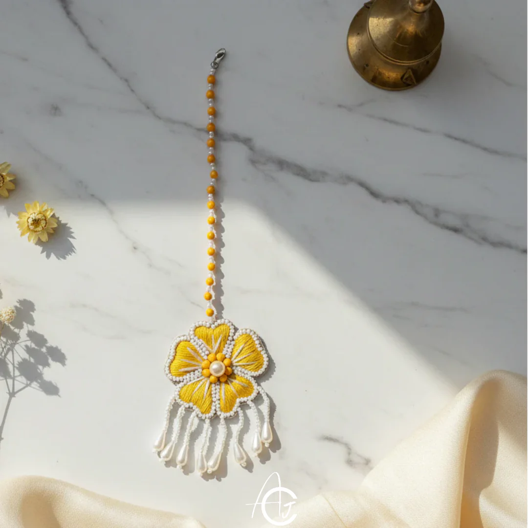 Embroidered Necklace Set with Mang Tika and Bracelet, Haldi Jewellery : Handmade - Image 3