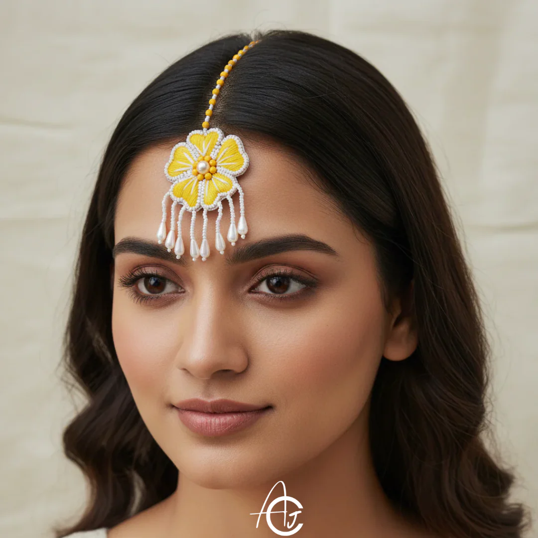 Embroidered Necklace Set with Mang Tika and Bracelet, Haldi Jewellery : Handmade - Image 4