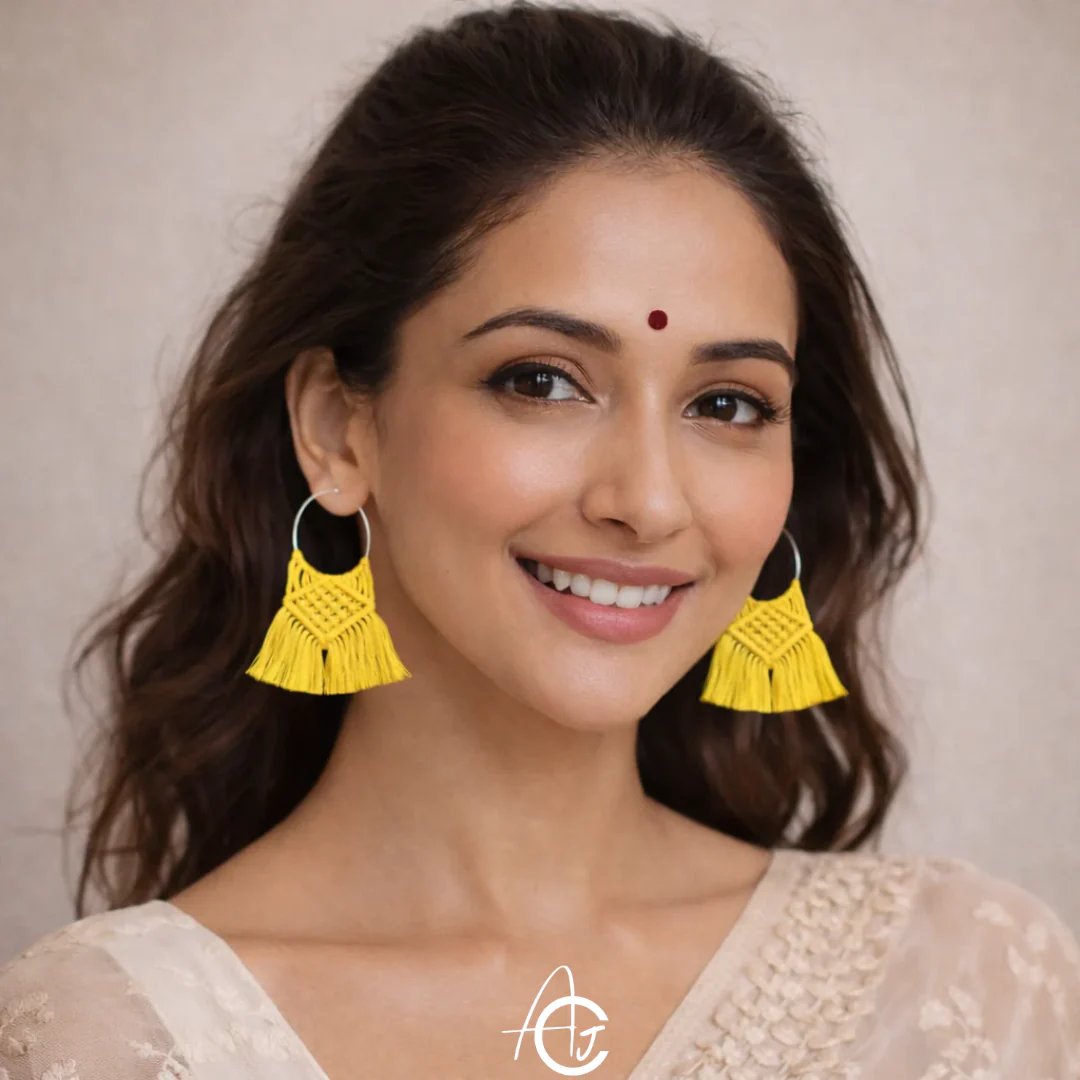 Macrame Earrings Yellow : Handmade - Image 3