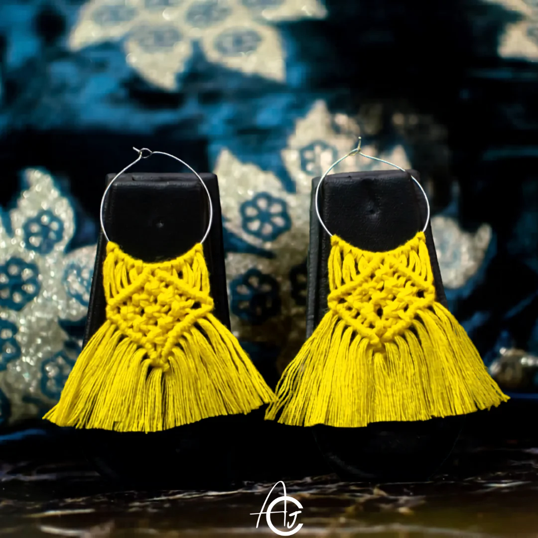 Macrame Earrings Yellow : Handmade - Image 4