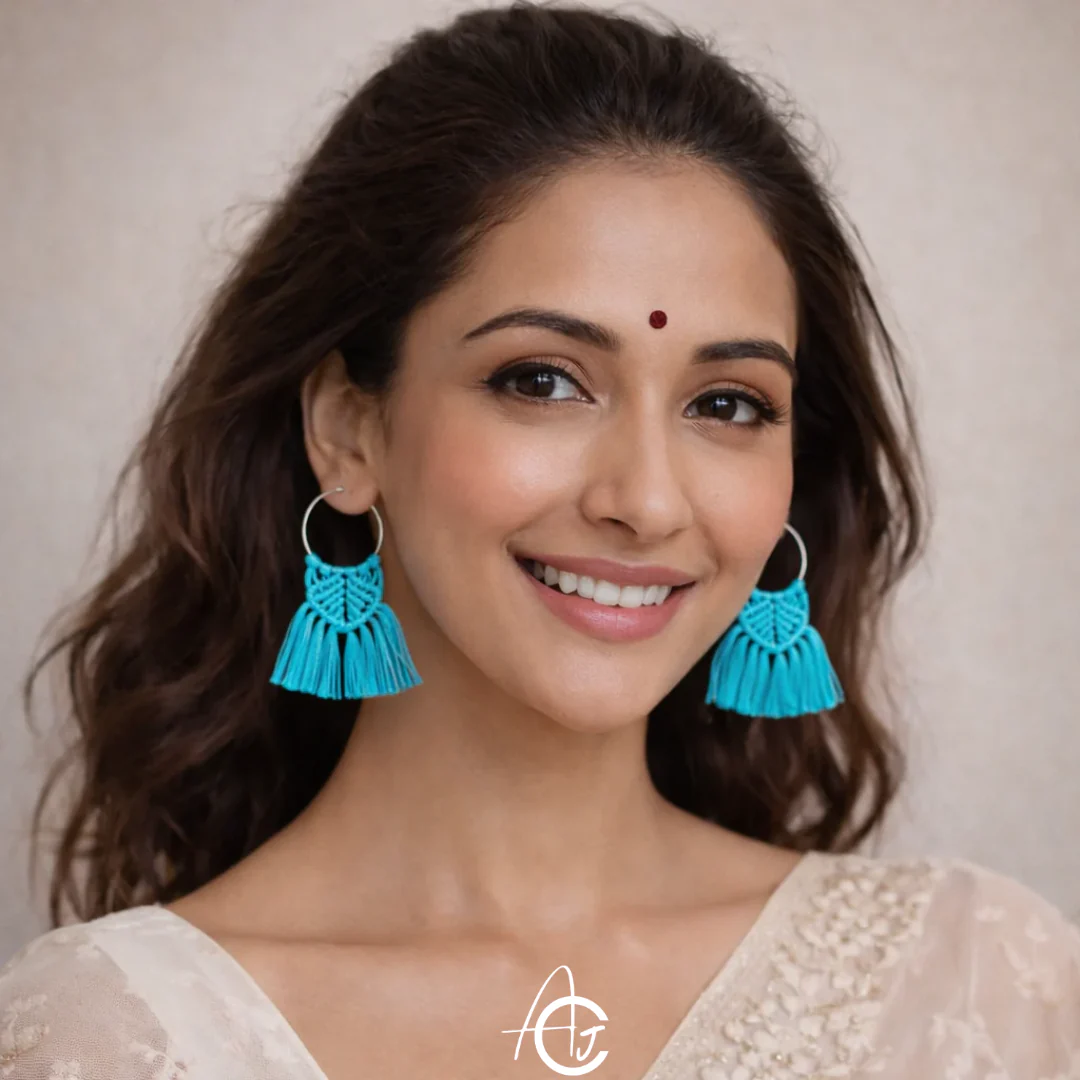 Macrame Earrings Blue : Handmade - Image 3