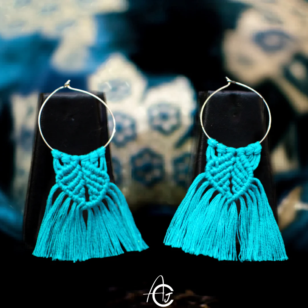Macrame Earrings Blue : Handmade - Image 4