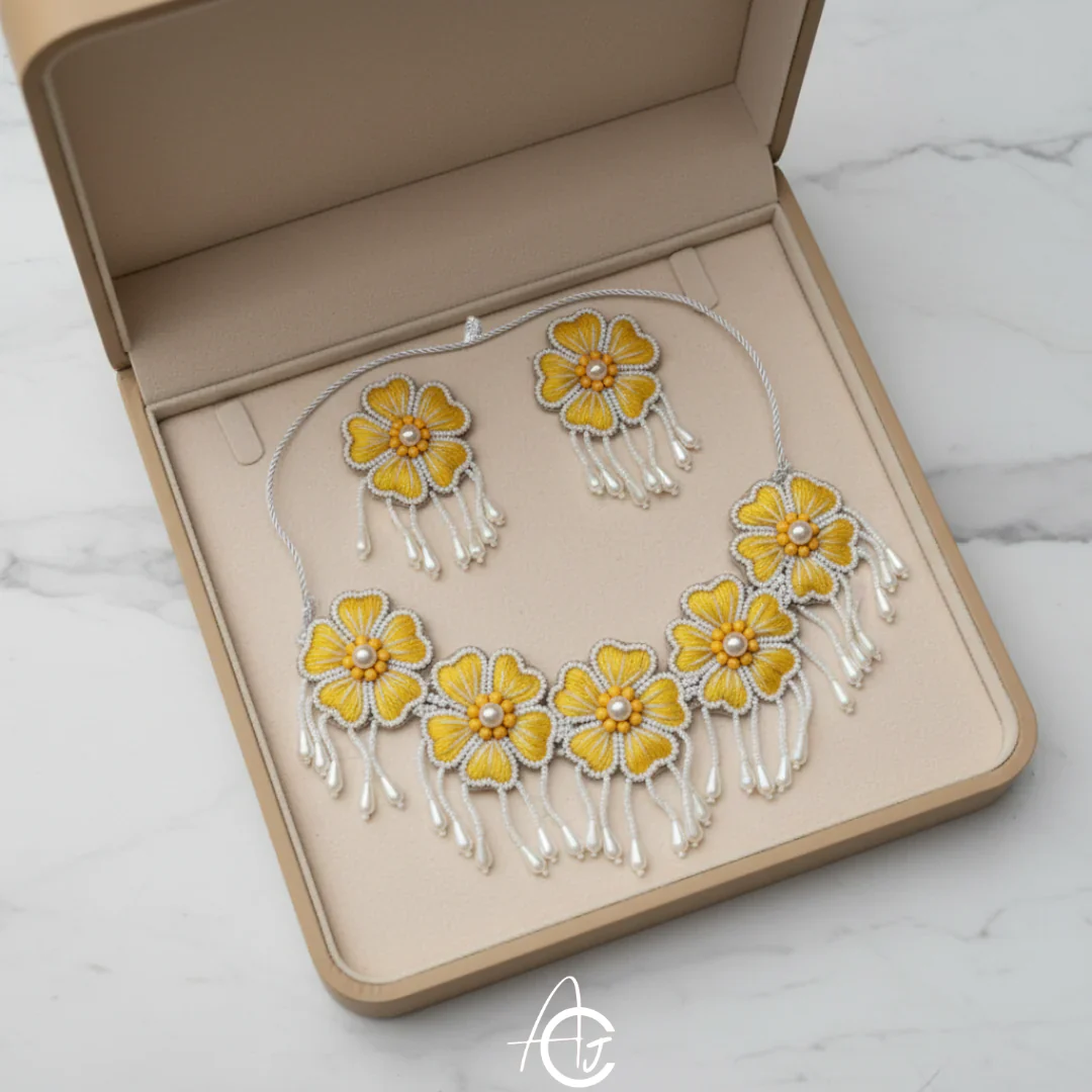 Embroidered Necklace Set, Haldi Jewellery : Handmade - Image 3